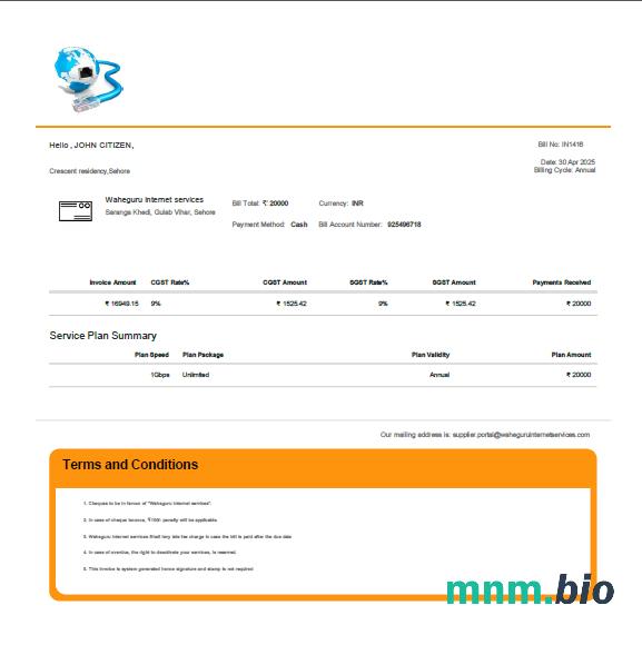 Szablon rachunku za media India Waheguru Telecom w formatach Word i PDF